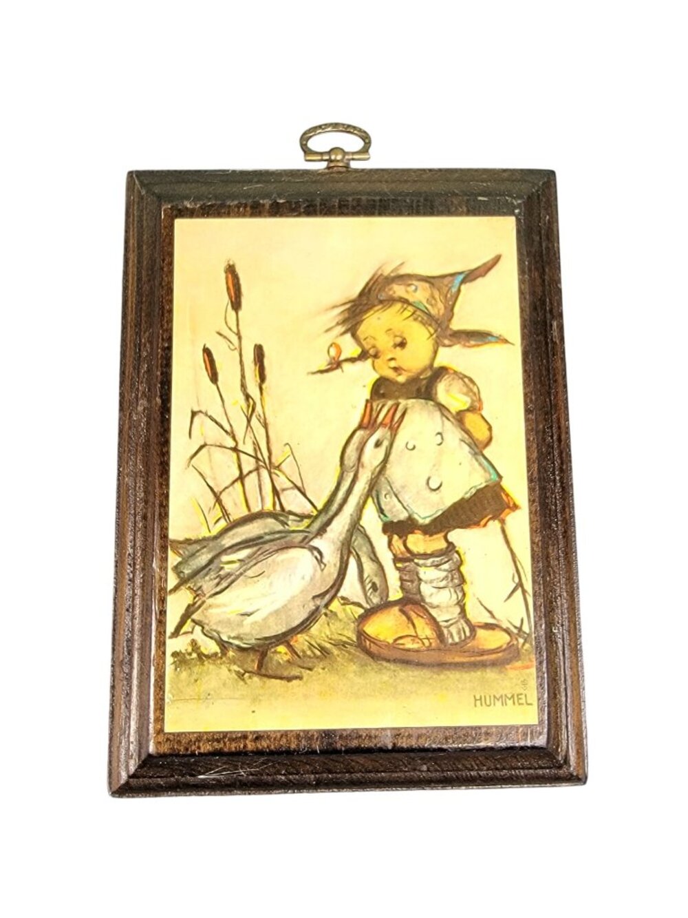 Vintage 40s Hummel Print on Wood Little Goose Girl Wall Hanging Plaque Home Deco